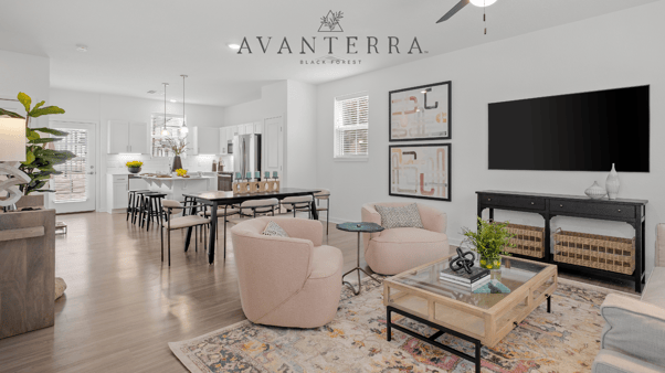 Avanterra Black Forest living room with Avanterra Black Forest Logo